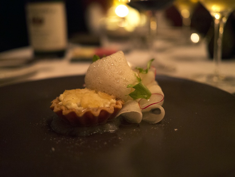 Goat's cheese in a crispy shortbread crust with pear puree. 