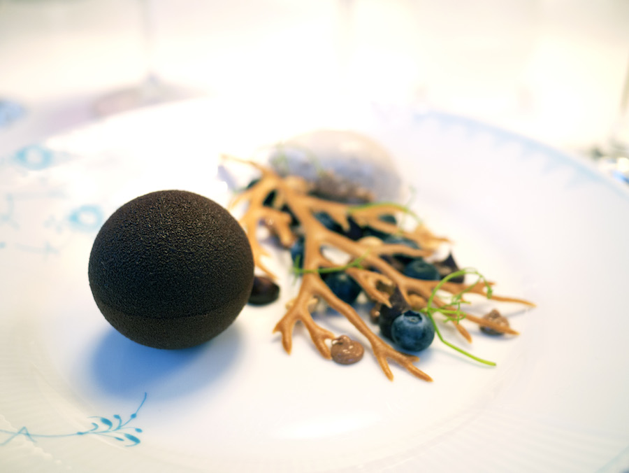 I desserten skulle der bruges te, og den kom i form af den cremede is bagerst. Forrest en fyldt chokoladekugle og ved siden af dutter af karamel og friske blåbær.