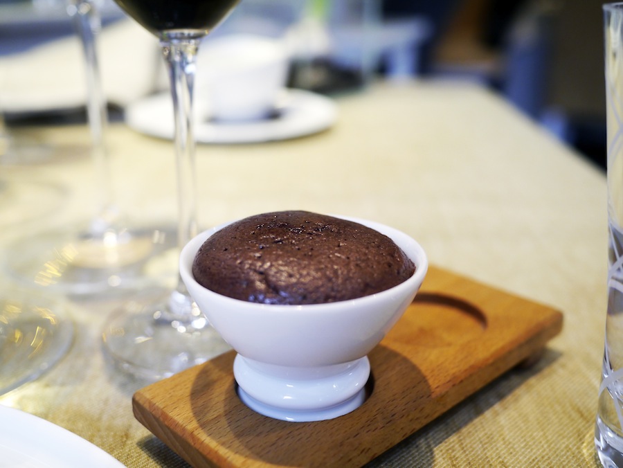 Chocolate soufflé with a meltingly soft centre and a puré of sea buckthorn in the bottom. 
